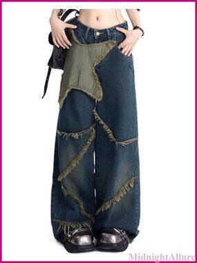 Womens Y2k Star Cargo Jeans Baggy Wide Leg Zip Button Denim Pants